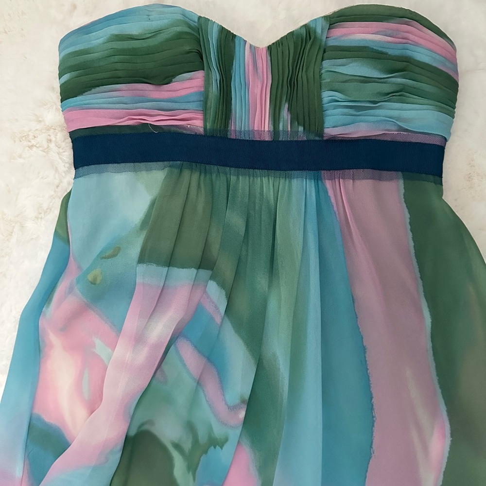 BCBG pastel watercolor prom dress / strapless formal maxi